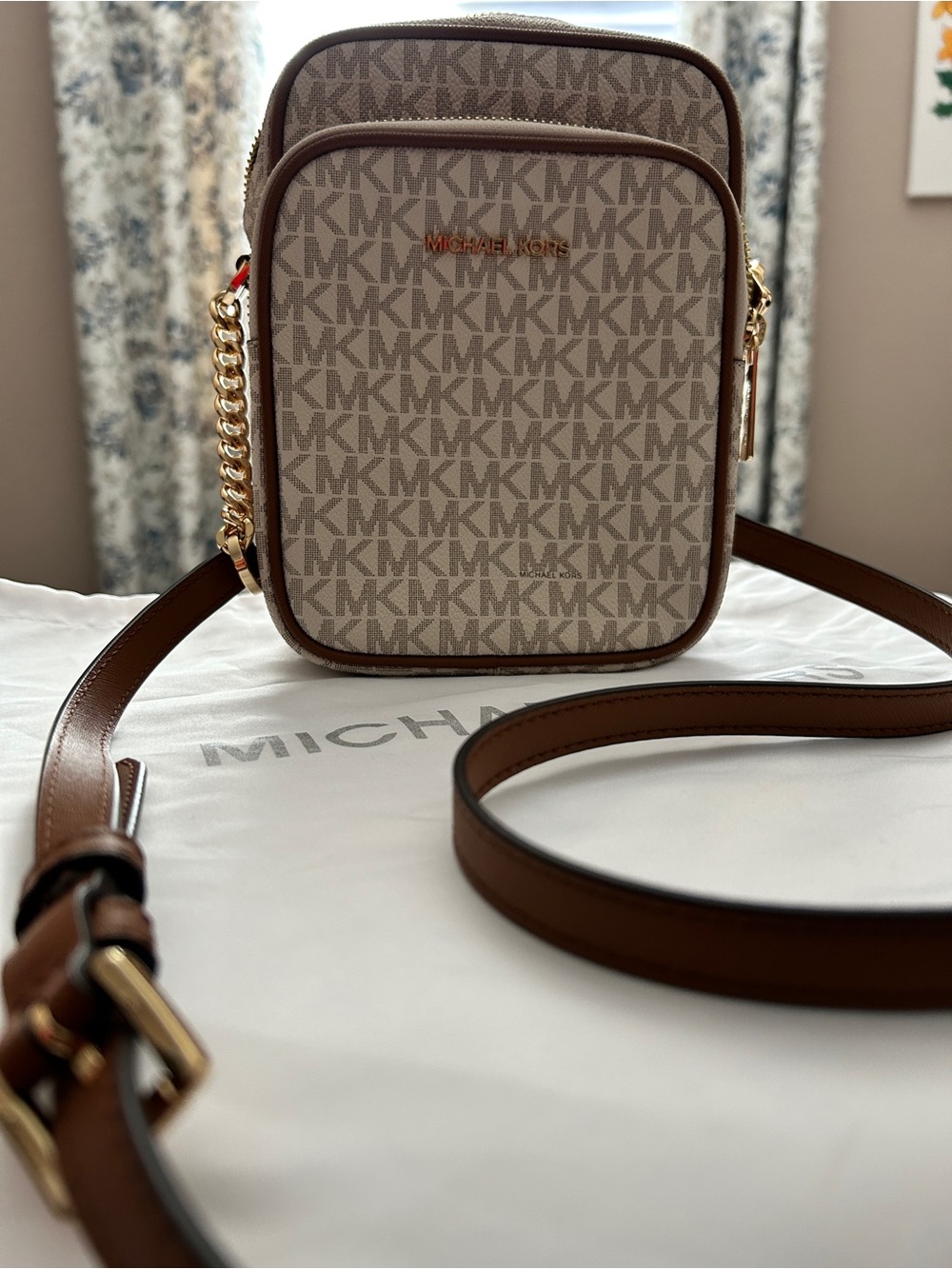 Michael Kors Beige and Brown Logo Crossbody Bag